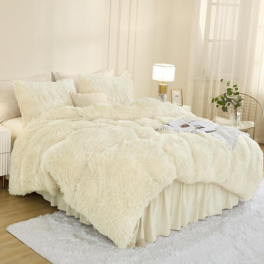 Andency Faux Fur Beige Comforter Set King Size, 3 Pieces Fluffy Fuzzy Plush Bedding Comforter Set (1 Shaggy Velvet Comforter & 2 Pillowcases), Soft Puffy Comfy Down Alternative Comforter Bedding Set