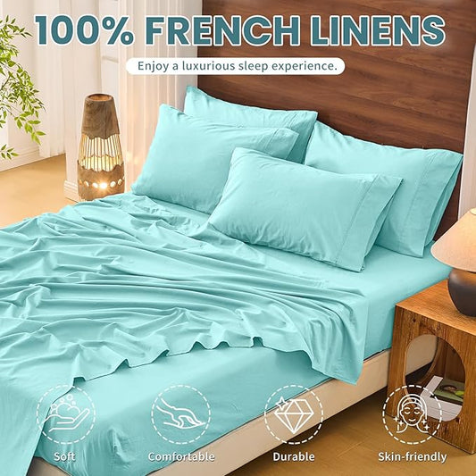 Bedlifes 100% French Pure Linen Sheets Queen Size Breathable and Cooling Flax Sheet Set Soft Durable and Moisture Wicking 16 Inch Deep Pocket-4 Piece(Queen,Teal)