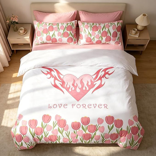 Girls Pink Floral Comforter Set Queen Size, Pink Tulip Soft Microfiber Bedding Set with Love Heart Pattern, 3Pieces All Season Lightweight Summer Comforter Set for Girls