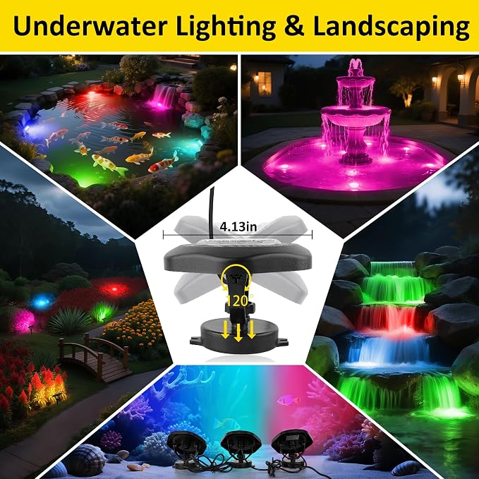 T-SUN RGB LED Underwater Pond Lights with APP and Remote Control 2 Pack | Color Changing Fountain Lights Led Underwater, IP68 Waterproof Submersible Pond Lights for Outdoor Pond Koi Aquarium Garden