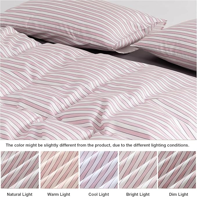 Bedbay Cotton Striped Duvet Cover Set Queen Size, Soft Blush Pink Stripe Bedding Set, 100% Cotton Sateen, Minimal Casual Hotel Style Duvet Cover 3 Piece for All Seasons