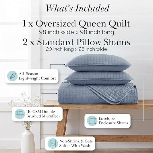 Southshore Fine Living, Inc. Queen Quilt Set, Full Size Bedspread with 2 Matching Pillow Shams, Soft Microfiber Lightweight Quilts, Queen Size Coverlet, Easy Care Machine Washable, Slate Blue