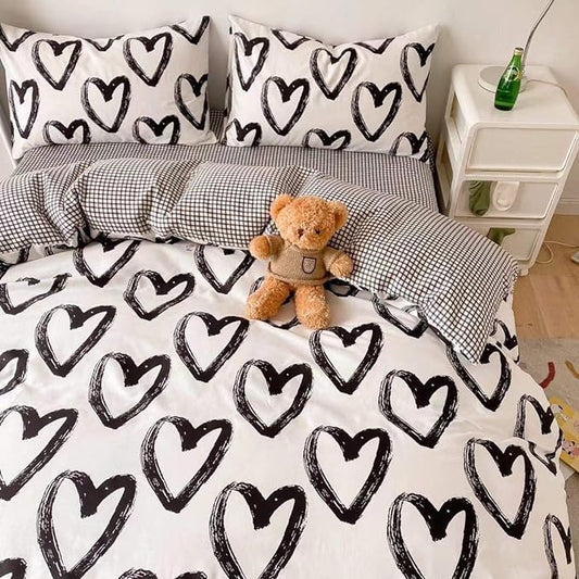 Houseri Love Comforter Set Queen Black and White Bedding Comforters Sets for Teen Girls Kawaii Heart Shaped Bed Sets Queen Size Women Men Boys Love Heart Quilt Blanket Queen