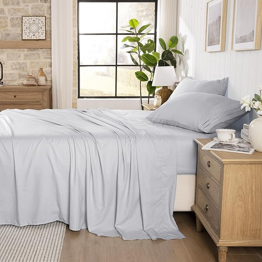 ROSE&RISY Light Grey Sheets Queen Sheet Set, Pre-Washed Cotton-Like Brushed Microfiber, 4 Pcs Super Soft Breathable Cooling Bed Sets,Includes 1 Fitted, 1 Flat, 2 Pillowcases (Light Grey, Queen)