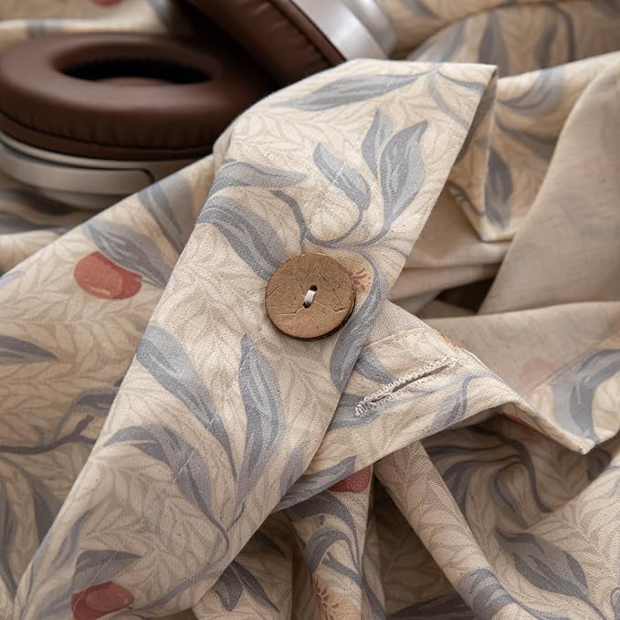 mixinni Cotton Linen Floral Duvet Cover Set, Vintage Botanical Print Comforter Cover with Wooden Buttons,Soft Breathable Blue Red Floral Boho Farmhouse Bedding Set for All Season-Queen Size