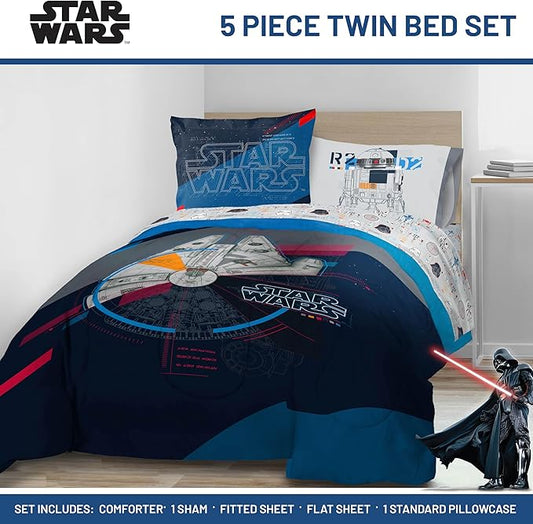 Jay Franco Kids Comforter Set Includes Sheets and Pillow Covers - Soft and Cozy Bed Set for Stylish Room Decor, Dark Blue - Star Wars, 5 Piece Twin Bedding