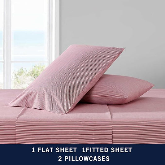 Nautica - Twin XL Sheet Set, Lightweight & Breathable Cotton Percale Bedding Set with Matching Sham(s), Crisp & Cool Bedding Essentials, Oeko-Tex Certified (Penny Pinstripe Red, Twin XL)