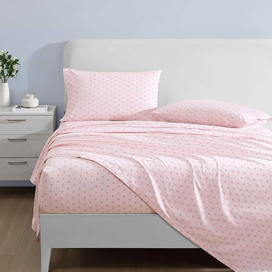 Laura Ashley - King Sheets, Cotton Percale Bedding Set, Lightweight & Breathable Home Decor (Scallop Dollop Pink, King)