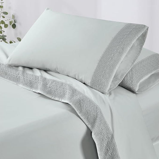 Modern Threads 4 Piece Microfiber Sheet Set – Soft Cooling Bed Sheets with Crochet Lace – Deep Pocket, Wrinkle Free, Breathable, Hotel Luxury Bedding, Pale Aqua, Full