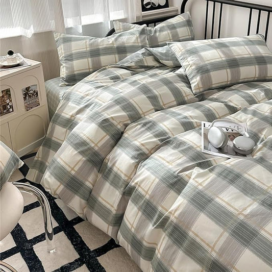 EAVD Green Gingham Comforter Set Queen 3 Pieces Grid Plaid Comforter Set Modern Simple Grid Checkered Bedding Set with 2 Pillowcases Reversible Gingham Bedding Set for Boys Women Men