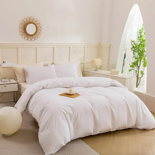 ECOCOTT White Duvet Cover King Size - 100% Washed Cotton Durable Soft Comfy Duvet Cover Set, Lightweight and Breathable with Zipper Closure & Corner Ties (White, 104''x90'')