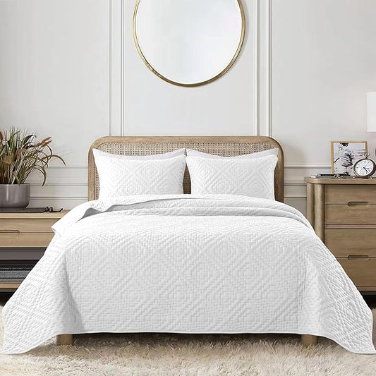 R.SHARE White King Size Quilt Bedding Sets with Pillow Shams, Boho Lightweight Soft Bedspread Coverlet, Quilted Blanket Thin Comforter Bed Cover for All Season, 3 Pieces, 104x90 inches