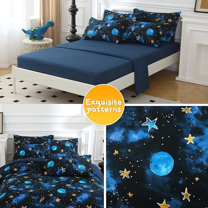 Glow in The Dark Kids Comforter Set, 5 Pieces Blue Space Bedding Set Twin Size for Boys Girls Teen, 1 Comforter, 1 Pillowcase, 1 Pillow Sham, 1 Flat Sheet, 1 Fitted Sheet