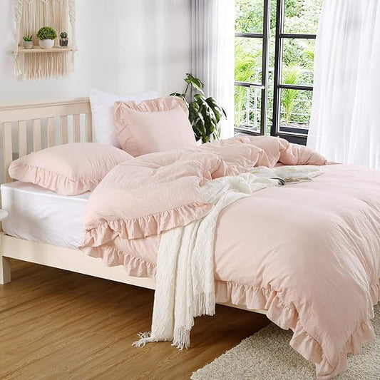 Pink Ruffle Duvet Cover Queen Size, 3PCS Soft Washed Microfiber Vintage French Country Duvet Cover Set for Queen Bed, Pink, 90x90 in