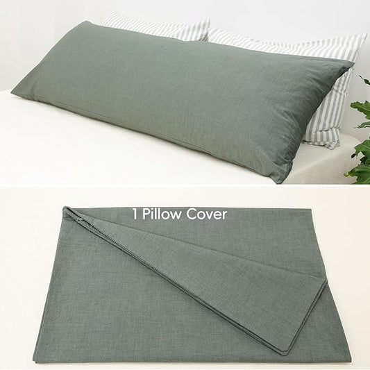 MooMee Body Pillow Cover Pillowcase with Zipper 100% Washed Cotton Linen Like Textured Breathable Durable Soft Comfy (Heathered Green, 21โx54โ, 1PC)