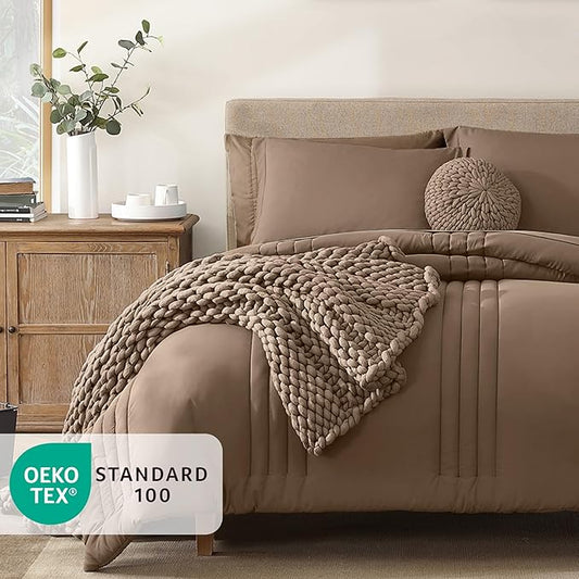 Monbix Queen Comforter Set - 7 Pieces Raw Umber Bed in a Bag Queen Bedding Sets with Comforters, All Seasons Comforter Bed Set with Sheets, Pillowcases & Shams