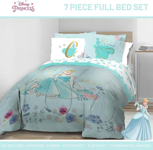 Jay Franco Kids Comforter Set Includes Sheets and Pillow Covers - Soft and Cozy Bed Set for Stylish Room Decor, Official Licensed Bedding, Blue - Princess Cinderella, 7 Piece Full