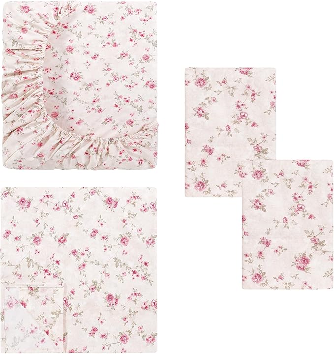 Modern Threads 4-Piece Ultra Soft Microfiber Bed Sheets Set, Wrinkle Free Sheets with Deep Pockets Fitted Sheet, Flat Sheet & Pillowcases, Lightweight Breathable Bedding, Floral Rose, Queen