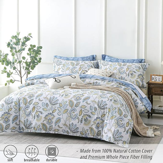 Vintage Botanical Cotton Comforter Queen Size 3PC - Lavish Floral on Bluish White with Frost Blue Back, Reversible Lightweight Comforter Set with Soft Fill(90"×90")