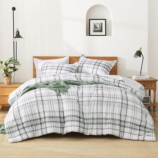 Andency Green White Plaid Comforter Set Twin(66x90 Inch), 2 Pieces Preppy Grid Gingham Stripes Bedding Comforter Sets for Boys Girls Kids, Green Line Soft Lightweight Geometric Reversible Bed Set