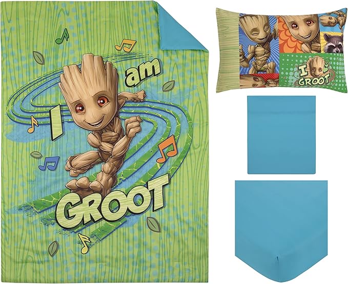 NoJo Marvel Guardians of The Galaxy I Am Groot Green and Blue 4 Piece Toddler Bed Set - Comforter, Fitted Bottom Sheet, Flat Top Sheet, and Reversible Pillowcase