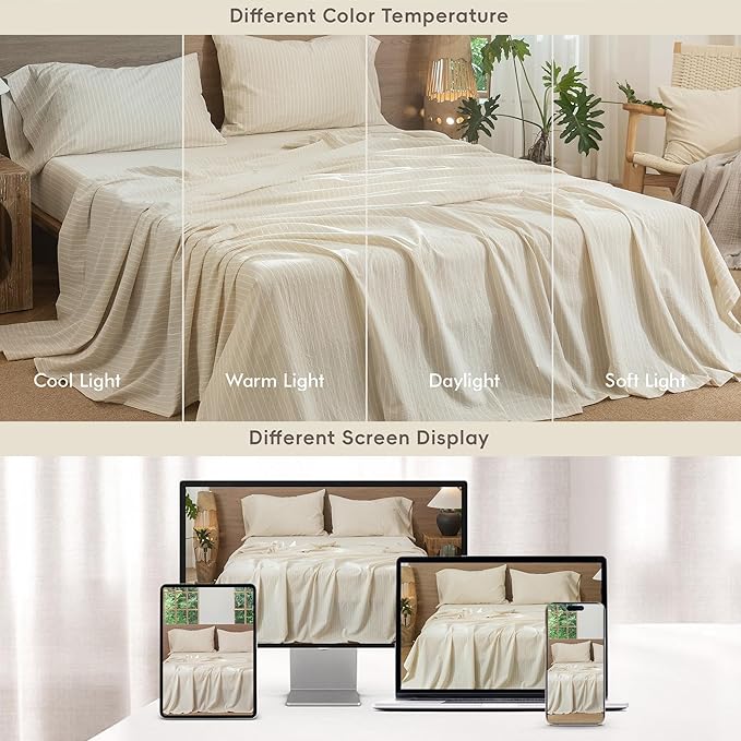 MooMee Striped Sheet Set 100% Washed Cotton Linen Like Textured Breathable Durable Soft Comfy (Almond Milk Grey White Wide Stripes, King)