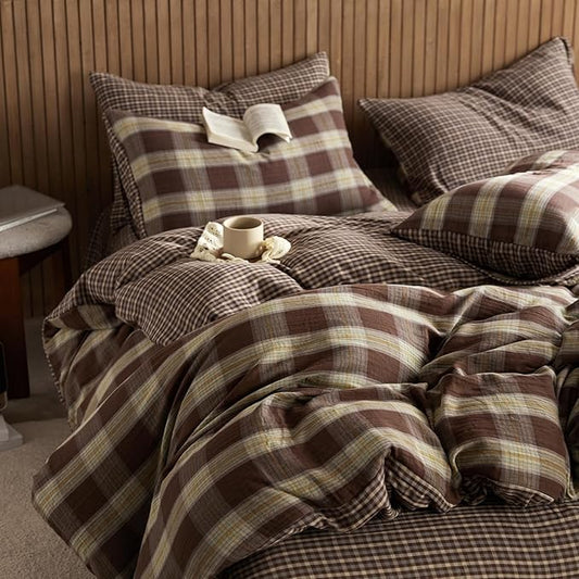 EAVD Vintage Yellow&Brown Plaid Duvet Cover King Soft 100% Muslin Cotton Retro Grid Checkered Plaid Bedding Set with 2 Pillowcases Farmhouse Reversible Gingham Duvet Cover with Zipper Closure