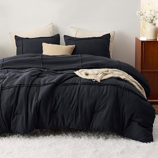 Bedsure Queen Comforter Set with Sheet - 4 Pieces Soft Black Bedding, Grid Pinch Pleat, All Season Lightweight Fluffy Bed Set with Solid Boho Comforter, Pillowcases & Sheet