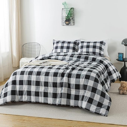 Caressma King Comforter Set Black and White (104x90 Inch), 3 Pieces Buffalo Plaid Comforter Bedding Set, Stylish Geometric Plaid Fluffy Home Decor for All Seasons
