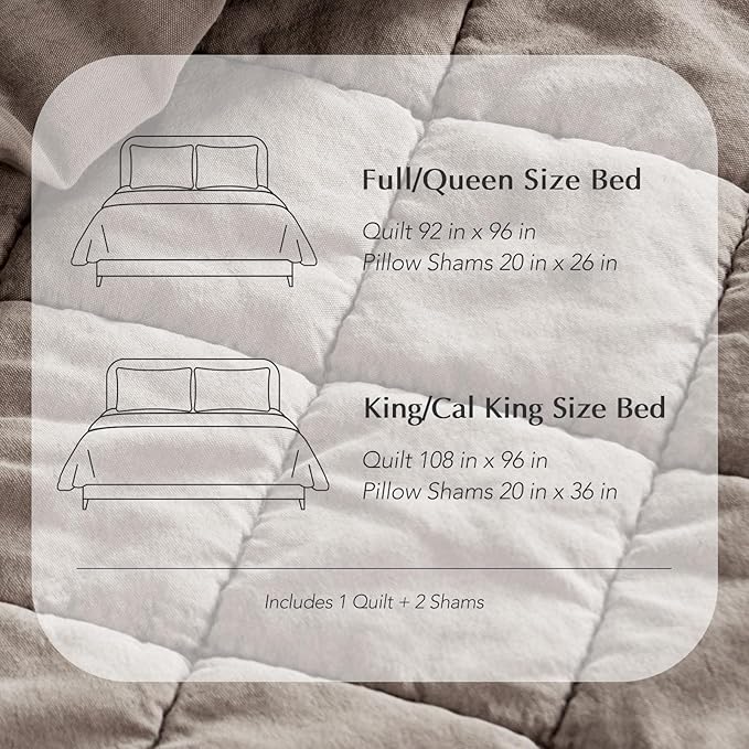 EVERGRACEHOME Stonewashed Cotton Quilt Set King Size, Ultra Soft Oversized Bedspread Coverlet Set, Lightweight Crinkle Box Stitch Bedding Sets for All Season, with 2 Shams, Truffle Taupe Brown