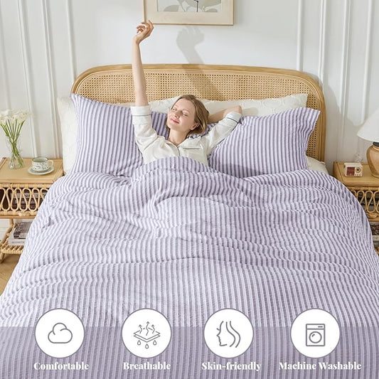 MILDLY Purple Striped Duvet Cover - 100% Washed Cotton Jacquard Boho Textured Comforter Cover 3pcs with Corner Ties Zipper Closure 80"x90"