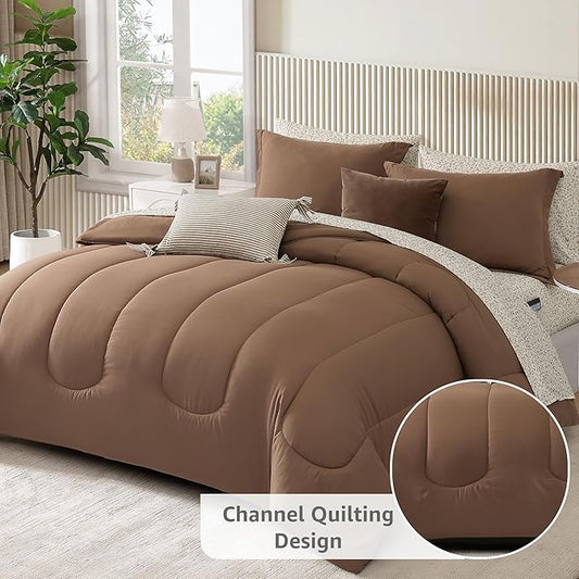 Monbix King Size Comforter Set - 7 Pieces Bed in a Bag King, Brown Track Stitching Bedding Sets, All Seasons Comforter Bed Set with Sheets