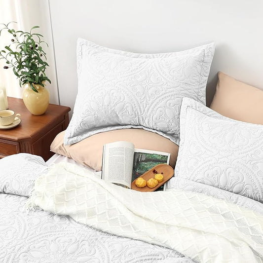 EXQ Home Quilt Set Full Queen Size White 3 Piece,Lightweight Soft Coverlet Mandala Flower Pattern Bedspread Set for All Season(1 Quilt,2 Pillow Shams)
