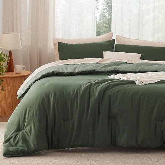 Bedsure Queen Comforter Set, Dark Olive Green Soft Prewashed Bedding for All Seasons, 3 Pieces GentleSoft™ Bed Set, 1 Lightweight Comforter (90"x90") and 2 Pillowcases (20"x26")