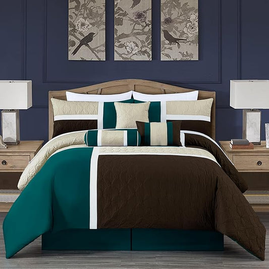 Chezmoi Collection Upland 7-Piece Quilted Patchwork Comforter Set, Teal/Beige/Brown, King