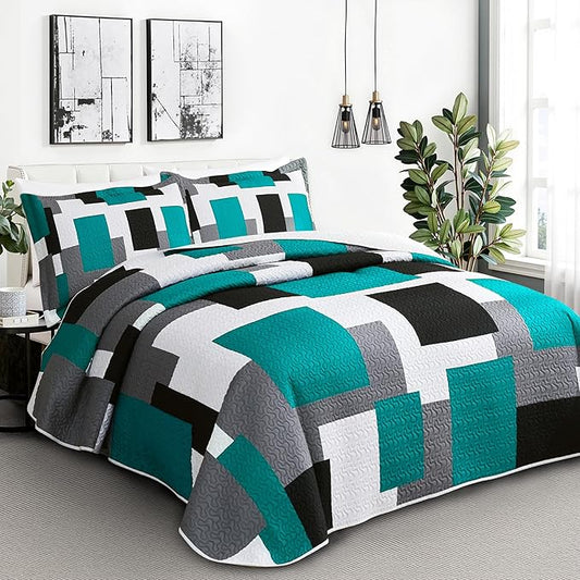 3 Piece Teal/Turquoise Quilt Set Full/Queen Size Black Grey Geometric Reversible Bedding Set Microfiber Lightweight Bedspread Coverlet with 2 Shams Modern Bed Covers for All Season, 90''x96''