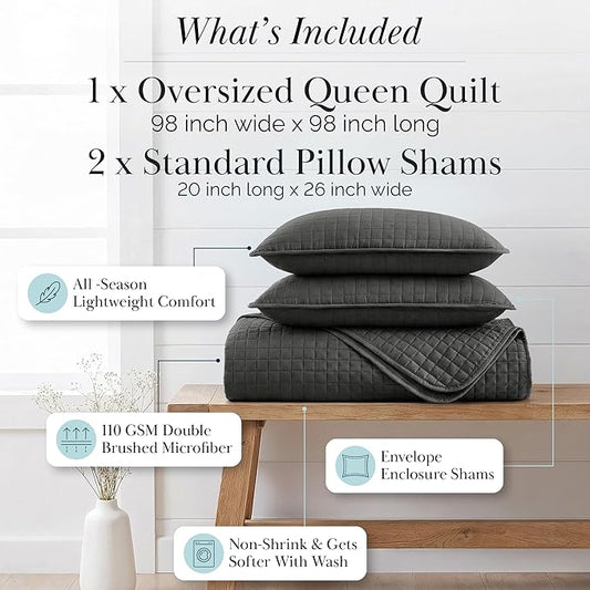 Southshore Fine Living, Inc. Summer Bedspreads Queen Size Set, Full/Queen Quilt Bedspread with 2 Matching Pillow Shams, Soft Microfiber Comforter Set, Lightweight Quilts Coverlet, Slate Grey Quilts