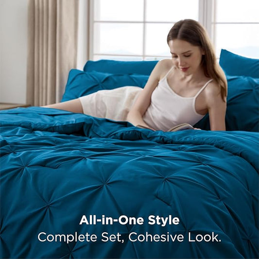 Bedsure Twin Comforter Set Teal - Bed in a Bag Twin Size Bedding 5 Pieces, GentleSoftโข Pintuck Bed Set Gift for Family, Pinch Pleat Teal Comforter with Sheets, Pillowcase & Sham