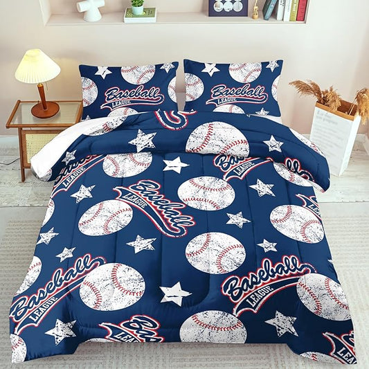 Baseball Comforter Set King,Sports Bedding Sets for Boys,Blue Sports Comforter King Bedroom Decor,Baseball Bedding Teen for All Seasons,Blue Quilt Kids Bedroom Decor