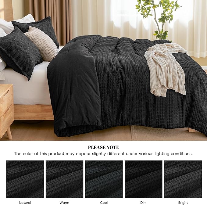 PHF Soft Waffle Comforter Set King Size- Comfy Breathable Waffle Weave Comforter with 2 Pillow Shams, 3 Pieces Less Snagging Lightweight Textured Bedding Set for All Season, Black