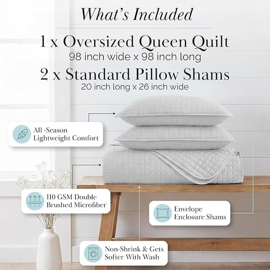 Southshore Fine Living, Inc. Queen Quilt Set, Full Size Bedspread with 2 Matching Pillow Shams, Soft Microfiber Lightweight Quilts, Queen Size Coverlet, Easy Care Machine Washable, Light Grey
