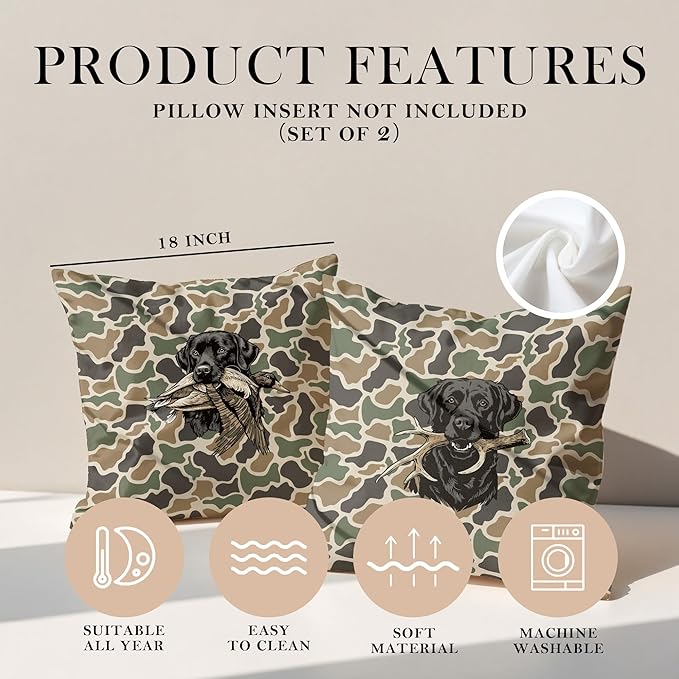 Vintage Camo Labrador Retriever Mallard Duck Throw Pillow Covers 18x18 Set of 2, Dog Hunting Pillowcase, Camouflage Farm Animal Decorative Pillow Covers,Camouflage Wild Animal Decor(84)