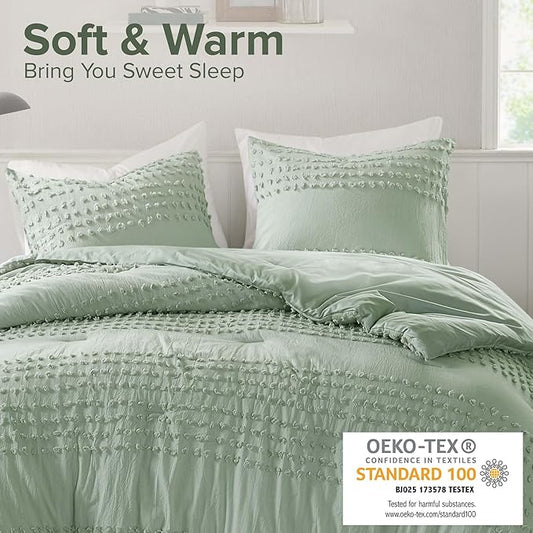 Comfort Spaces Twin Comforter Set Jacquard Pom-Pom Tufts Boho Comforter for Twin Size Bed, MIcrofiber Reverse, All Season & Lofty Twin Bedding Set & Sham, Phillips, Twin/Twin XL, Sage Green 2 Piece