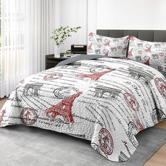 Quilt Set Twin Size, Paris Vintage Eiffel Tower 2 Pcs Soft Bed Cover Bedding Set for Kids and Adults, France Old Iron Lightweight Bedspread Coverlet with Pillow Sham for All Season