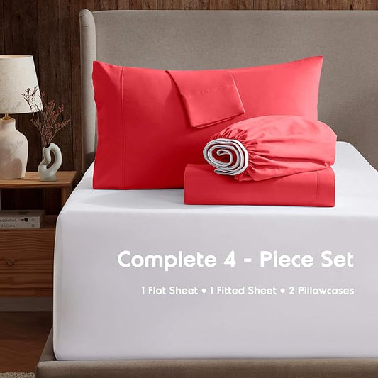 Nestl Full Sheet Set - Luxury 1800 Ultra-Soft Microfiber Full Bed Sheets - Double Brushed - Deep Pockets - Easy Fit - 4 Piece Set - Bedding Sheets & Pillowcases (Full, Red)