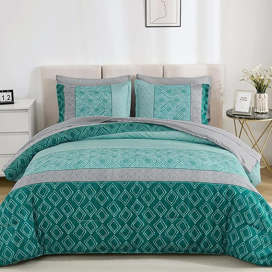 Dinjoy California King Comforter Set Size, Teal Cal King Bed in a Bag Boho Fall Bedding Sets 7 Pieces Striped Oversized Bed Set with Comforters, Sheets, Pillowcases & Shams for All Season