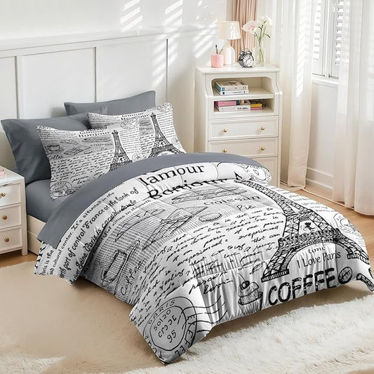 Nesker Comforter Set King Size, Retro Eiffel Tower Paris 7 Pcs Bedding for Kids and Adults, Vintage French Cafe Bed Sheet Sets with Fitted Sheet 2 Pillowcases & 2 Shams