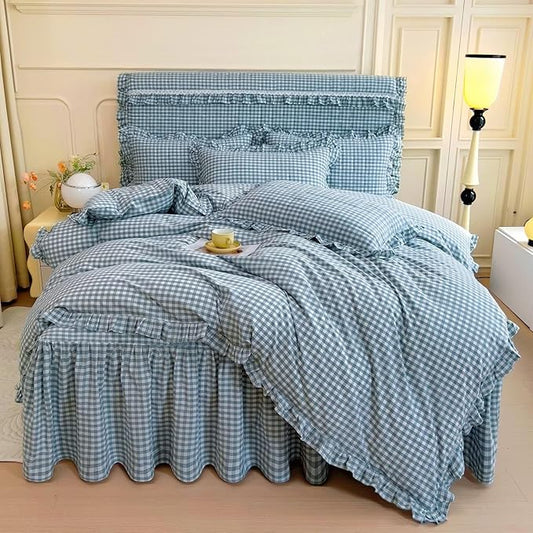 mixinni Vintage Blue Gingham Ruffle Comforter Set 3-Piece Washed Cotton Queen Size Grid Bedding Set with Geometric Checkered Pattern, Farmhouse Chic Soft Fluffy Comforter for All-Season