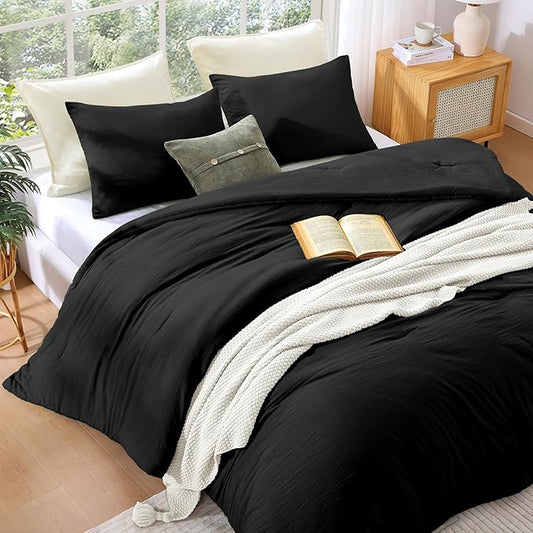 WRENSONGE King Size Comforter Set - 3 Pieces Prewashed Black Comforter Soft Lightweight for All Seasons,Fluffy Down Alternative Comforter King Size with 2 Pillow Shams