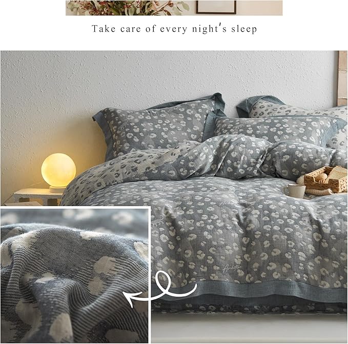 mixinni Leopard Duvet Cover King Size, Premium Yarn-Dyed Jacquard Cotton Duvet Cover with Grey Leopard Print, Farmhouse Bedding Set with 2 Pillowcases Perfect for Him and Her-(King Size, Grey)